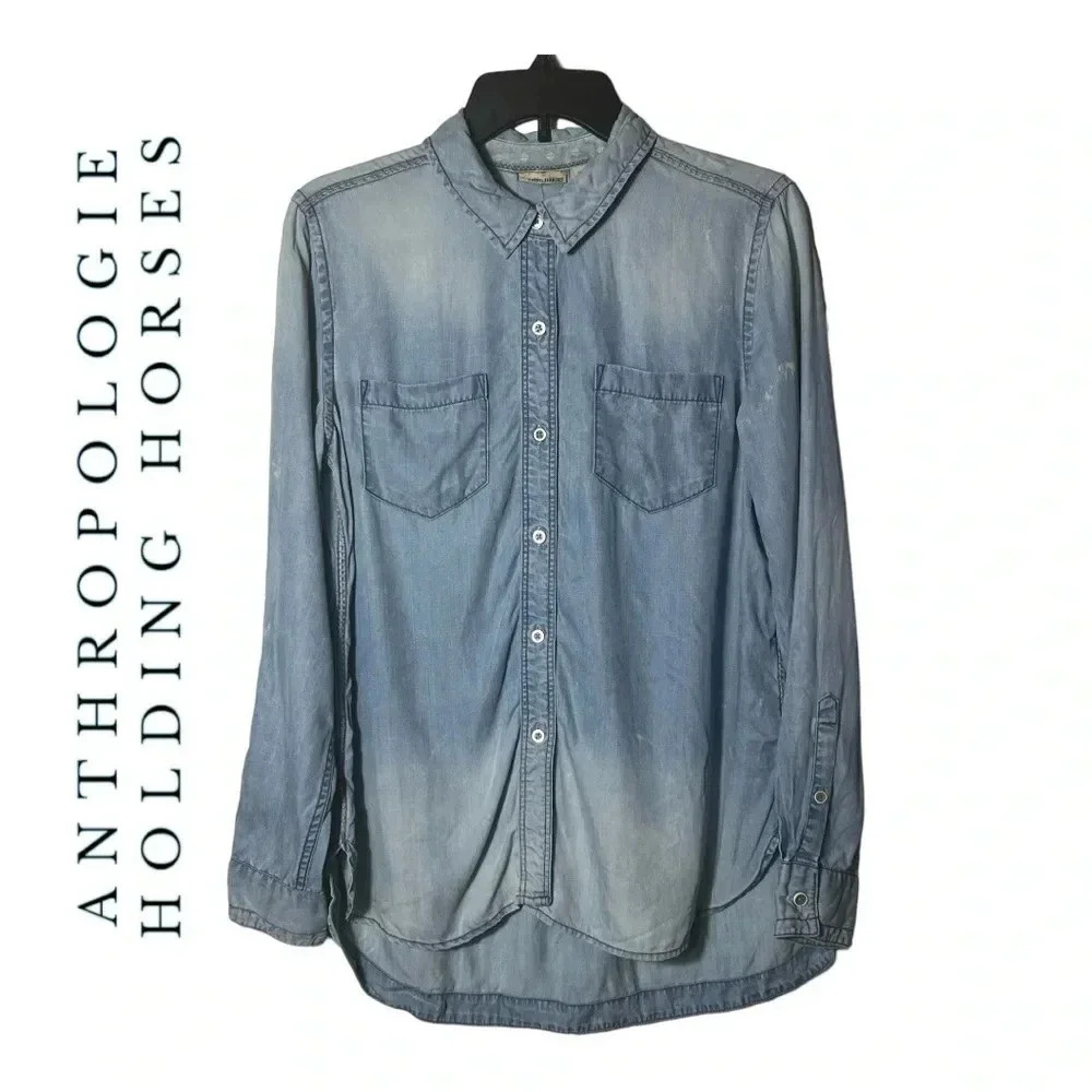 1834. ANTHROPOLOGIE HOODING HORSES LONG SLEEVE BUTTON UP CHAMBRAY TOP‎ SIZE XSM